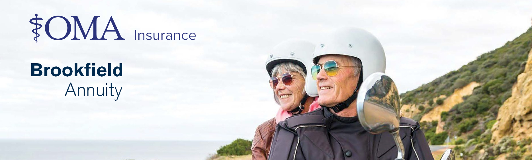 An older couple ride on a motorcycle along a cliffside